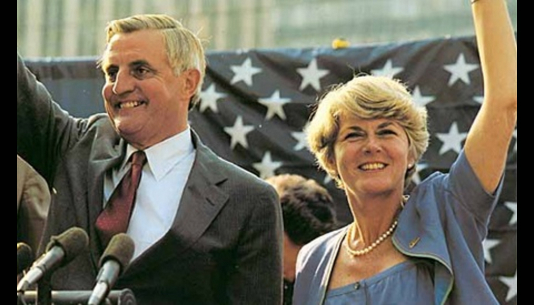 Vice-presidential candidate Geraldine Ferraro [right] with presidential candidate Walter Mondale at a political rally in 1984.