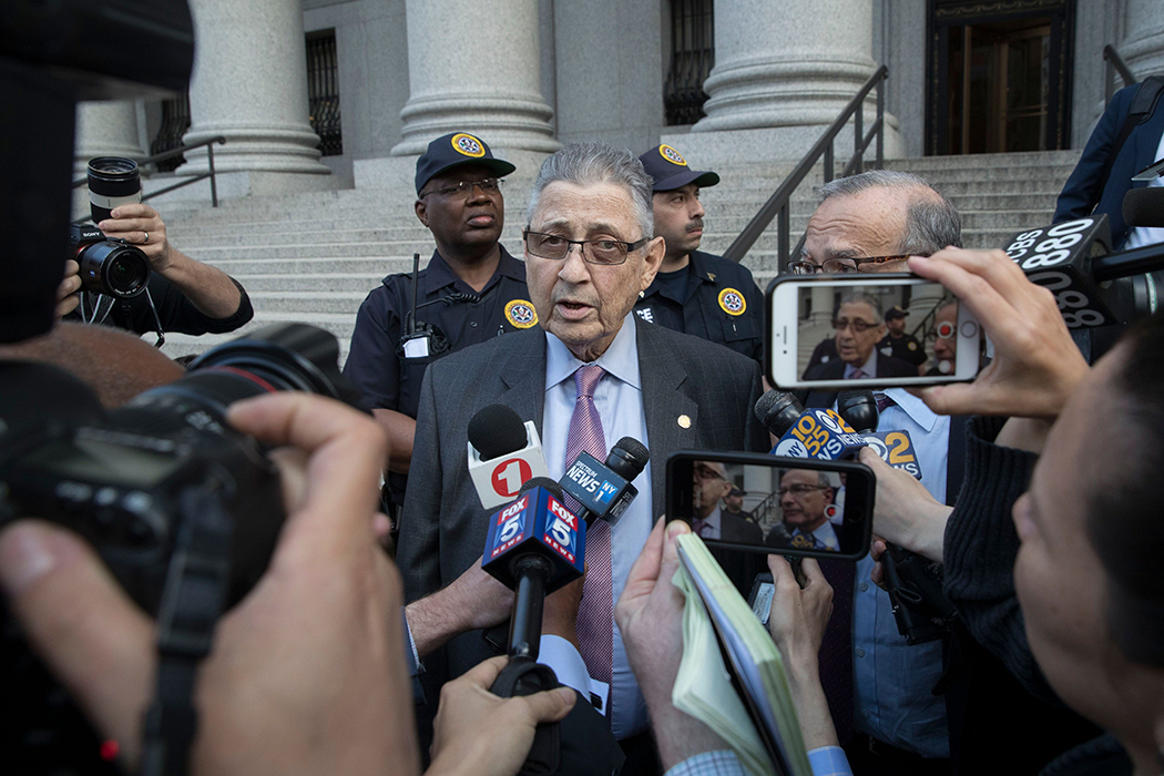 Former New York Assembly Speaker Sheldon Silver speaks to reporters outside federal court after he was convicted of public corruption charges for a second time.